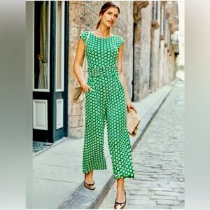 NWOT Boden Women’s Luna Jersey Jumpsuit Green & White Geometric Print Size 12